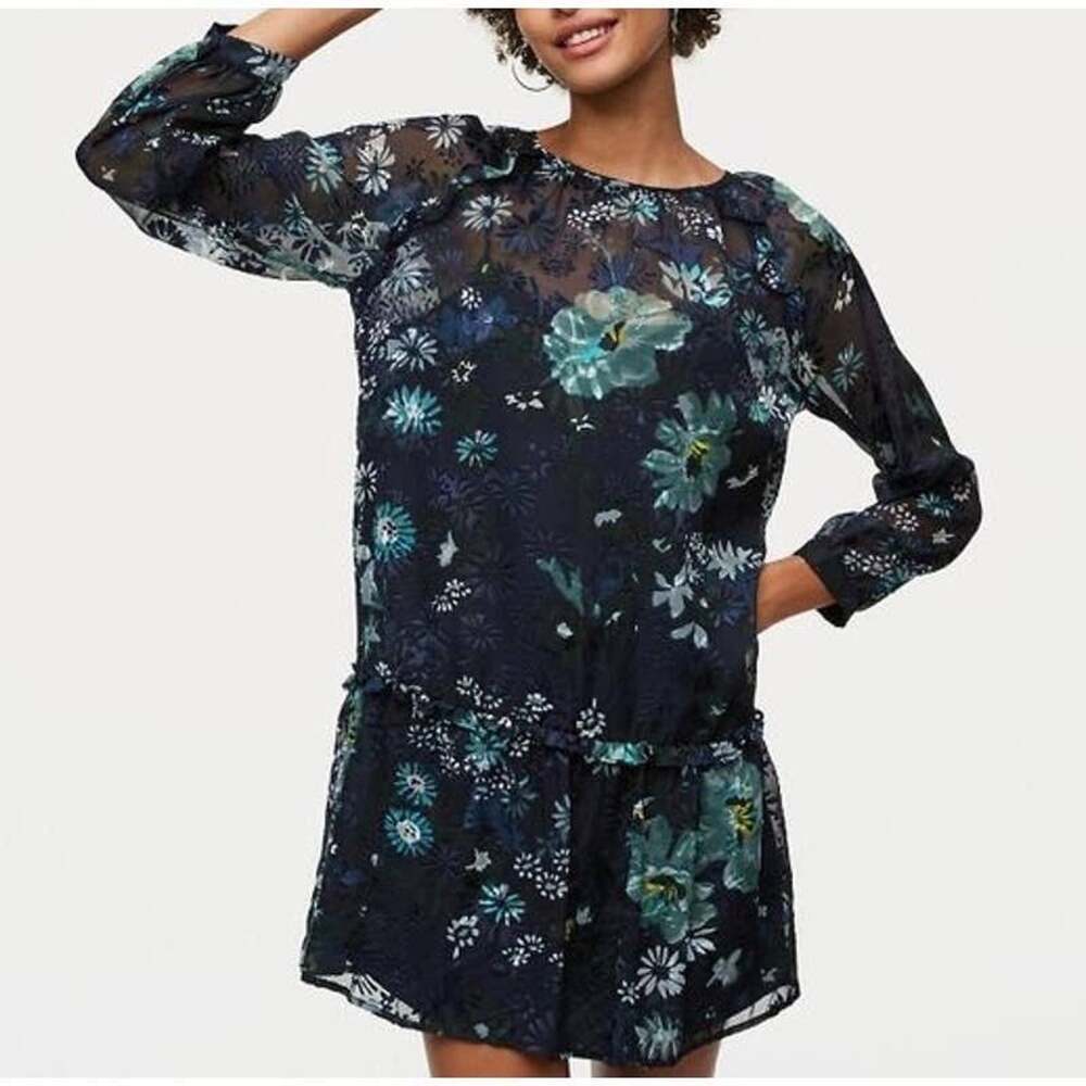 LOFT Winter Garden Flounce Dress Navy Blue Size XS New